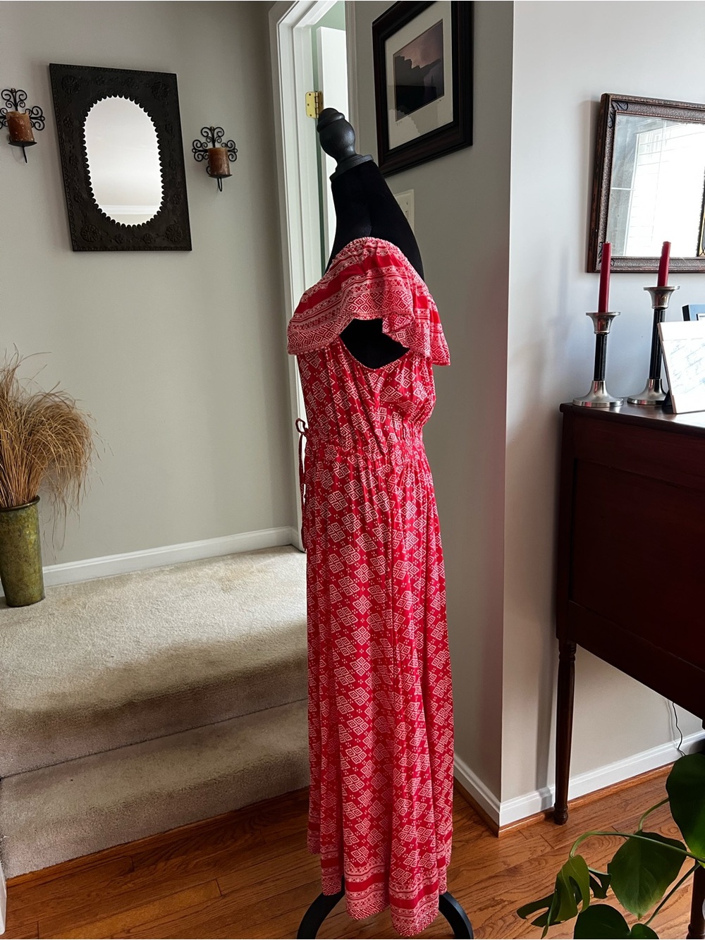 Talisman Red Geometric Off Shoulder Ruffle Boho Maxi Dress Size Small - Picture 2 of 14
